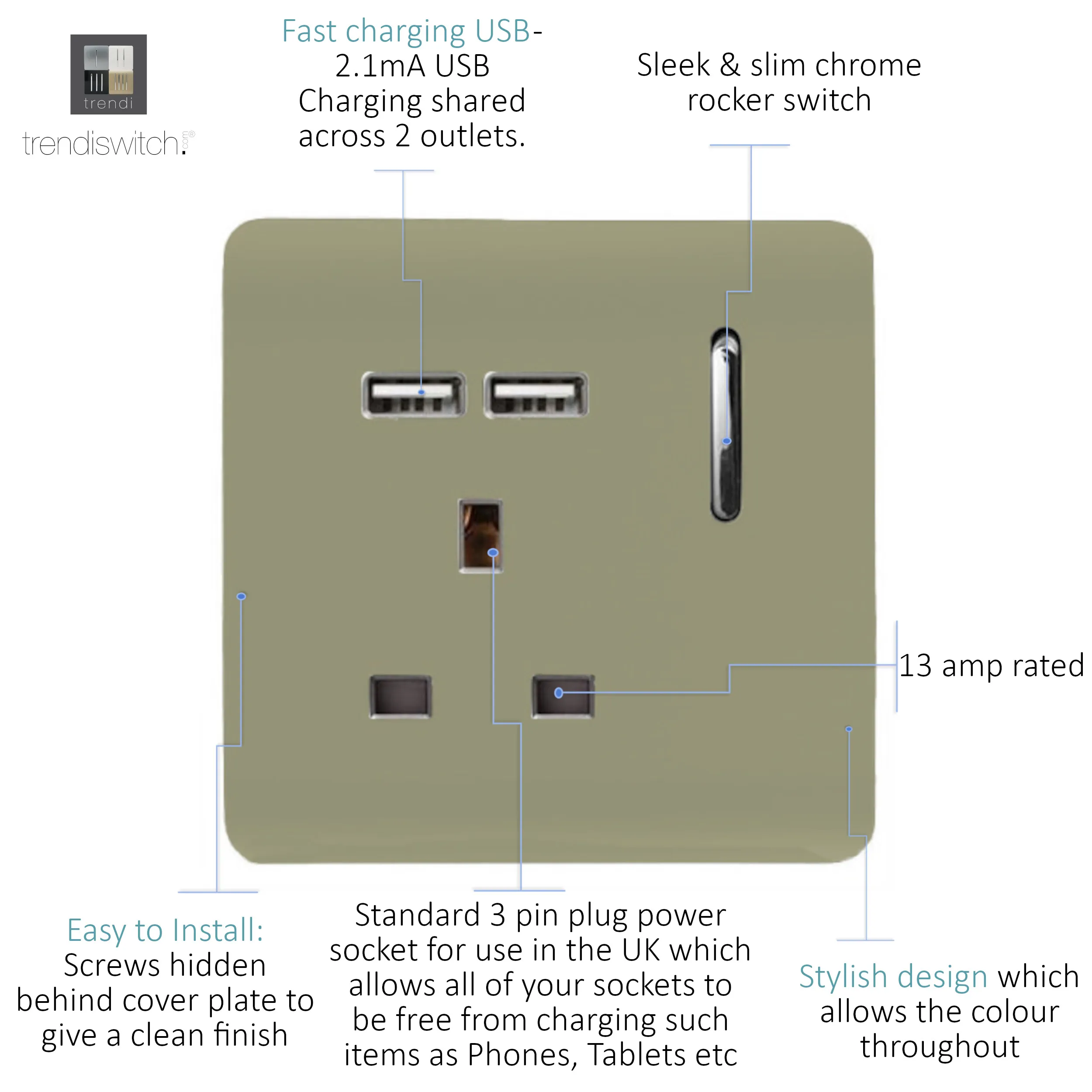 1 Gang 13Amp Switched Single Socket With 2 x USB Champagne Gold ART-SKT13USBGO  Trendi Champagne Gold